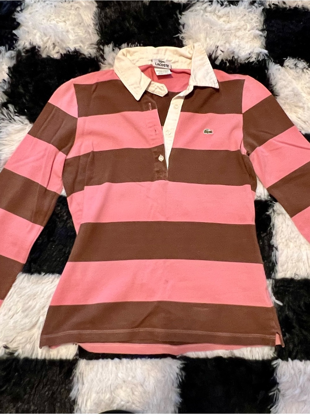 Vintage Lacoste Pink and Brown Striped Rugby Shirt with White Collar